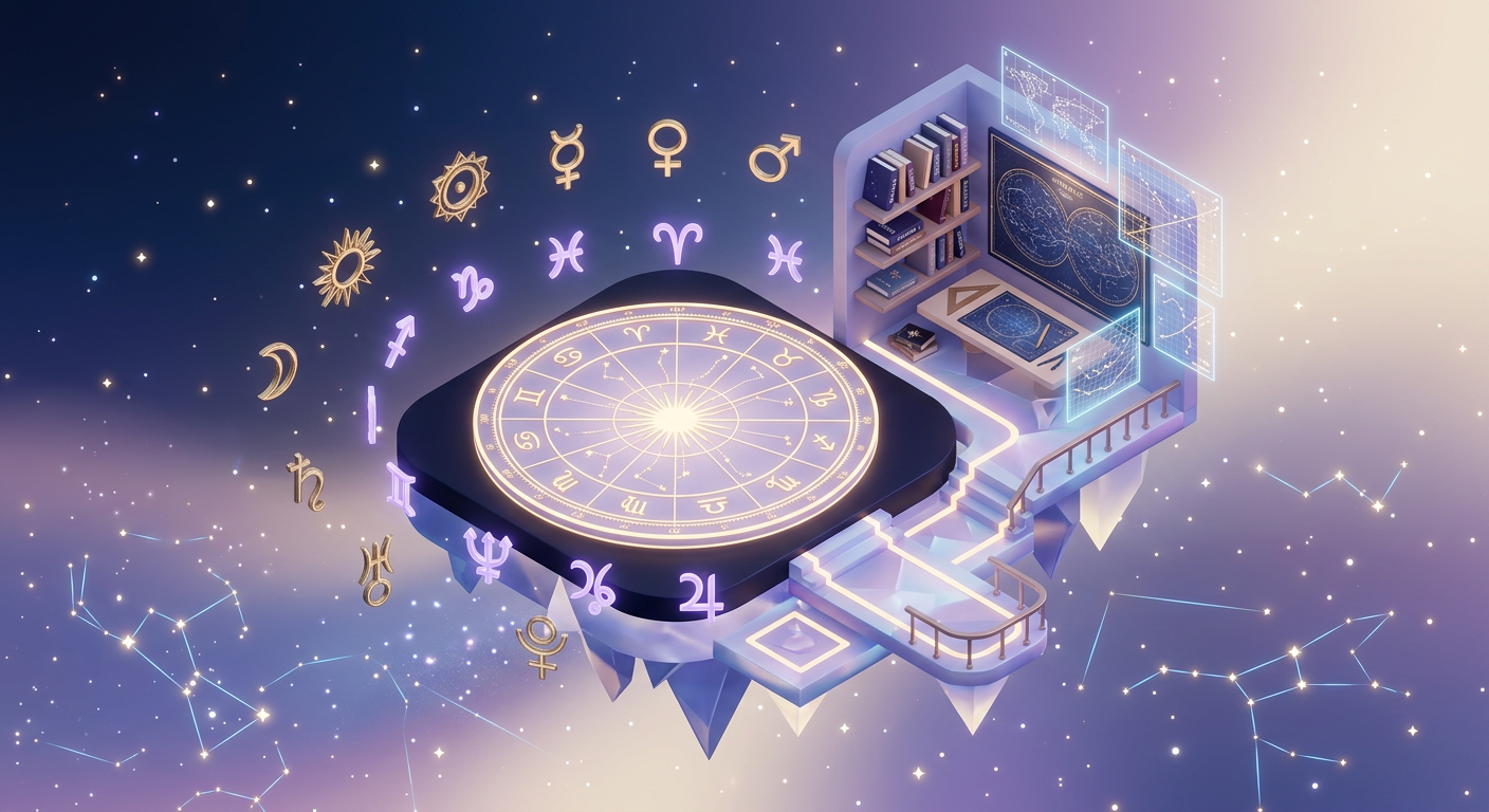 Mapa astral circular com glifos astrológicos e símbolos de Ascendente em render 3D isométrico