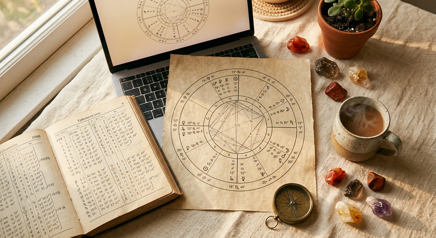 Flat-lay com mapa natal impresso e efemérides abertas ao lado de laptop com roda zodiacal Astro.com