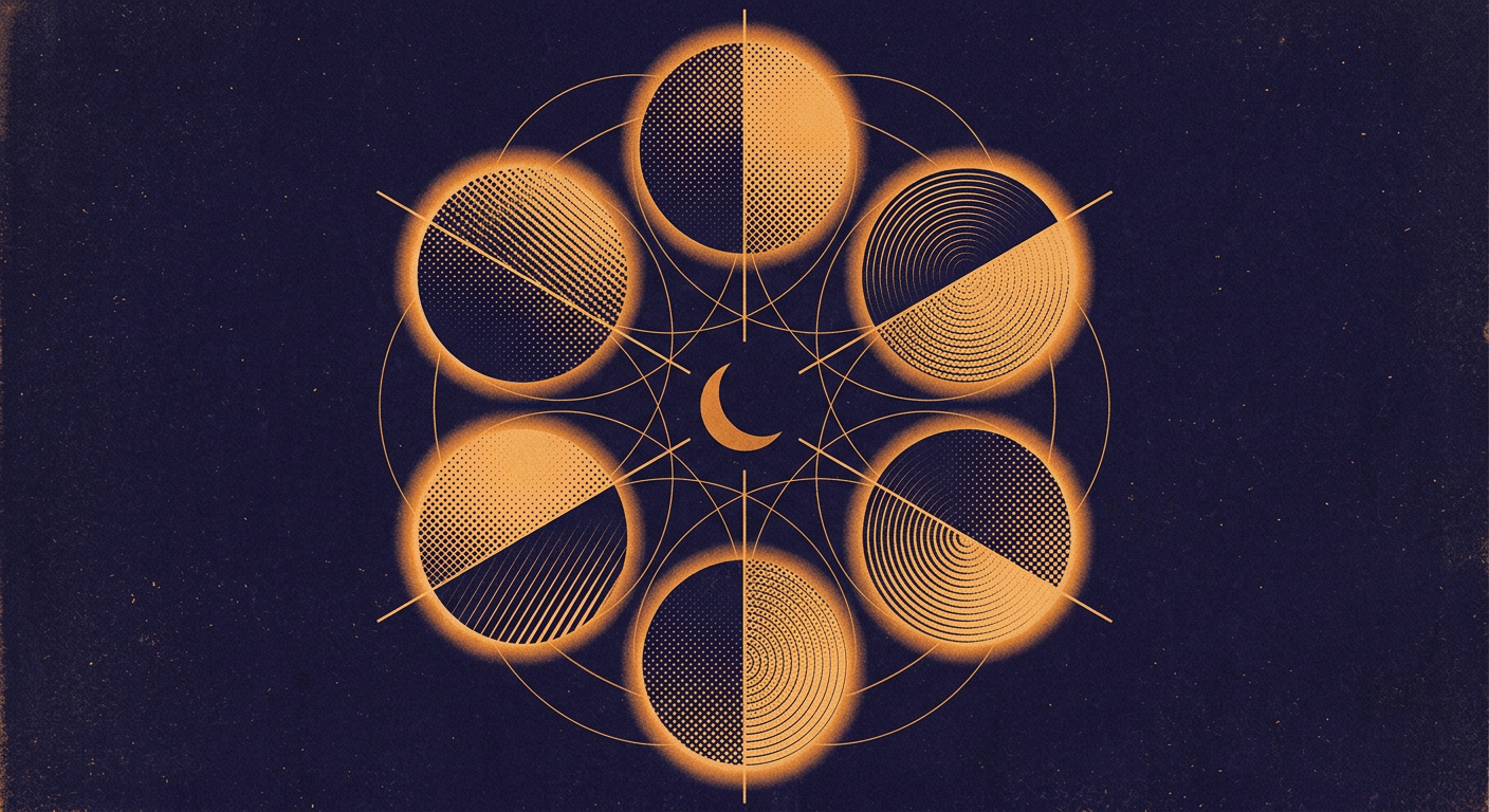 Composição abstrata representando os seis eixos nodais do zodíaco com formas opostas em duotone