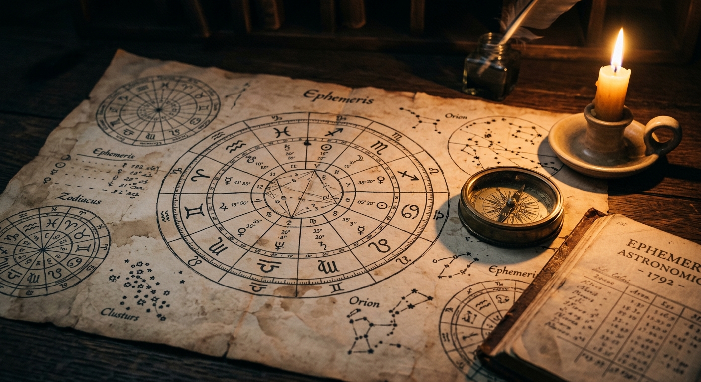 Mapa astral completo com planetas astrológicos, casas e signos do zodíaco desenhados em carta celeste iluminada por luz dourada