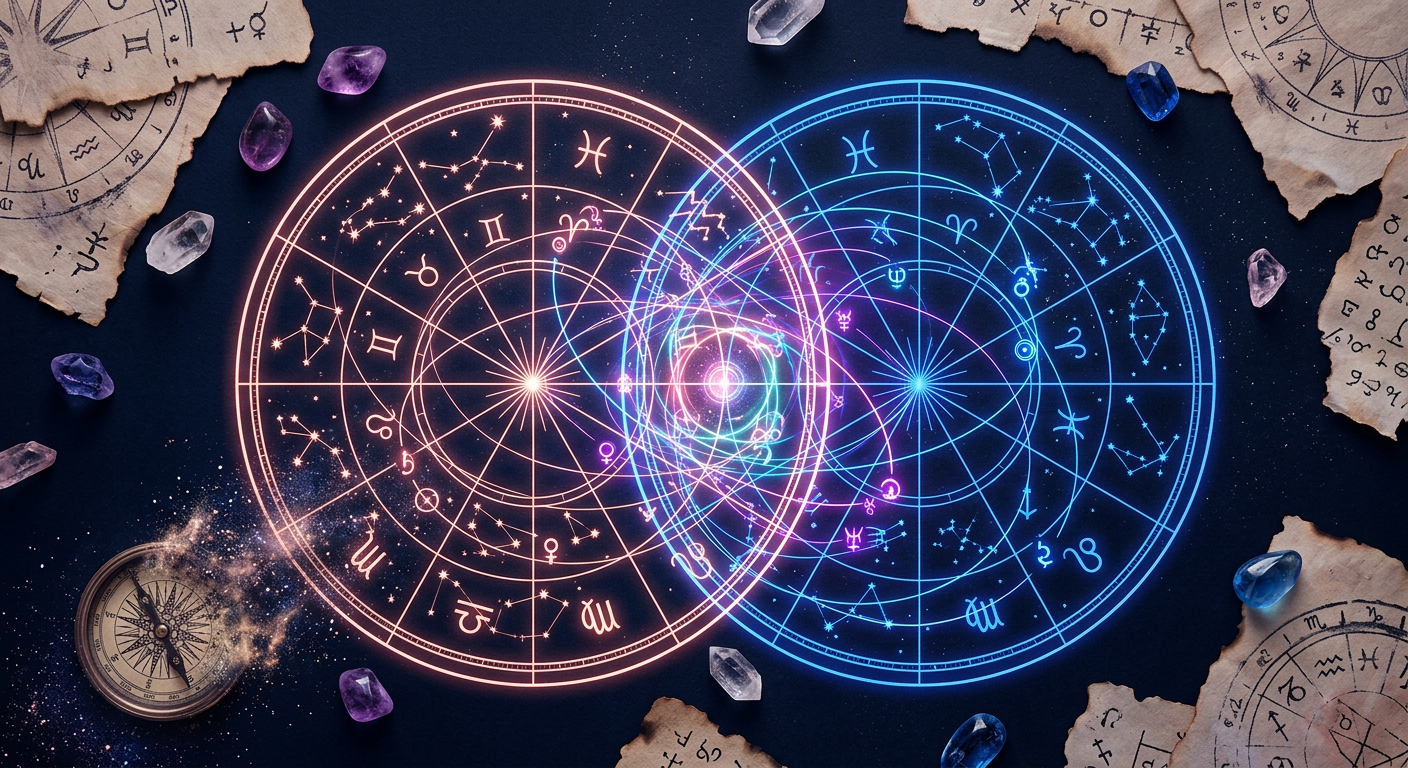Dois mapas de sinastria sobrepostos com aspectos astrológicos em arte abstrata neon