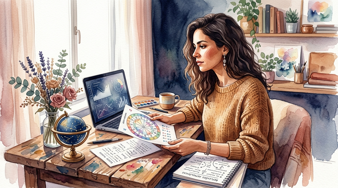 Mulher analisando relatório astrológico de Vênus com mapa astral impresso