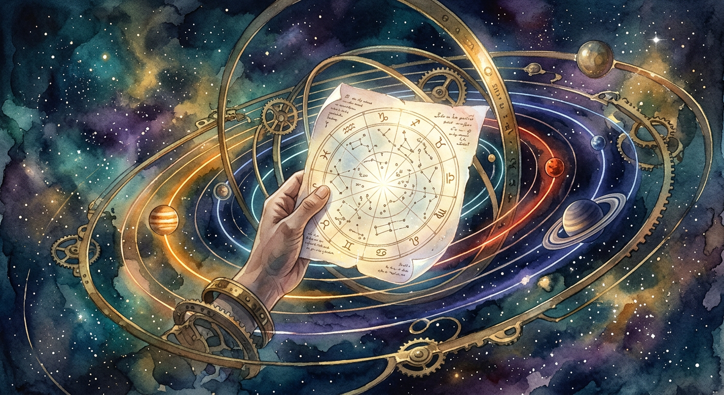 Mapa astral pessoal com órbitas de Júpiter, Saturno e Marte em aquarela
