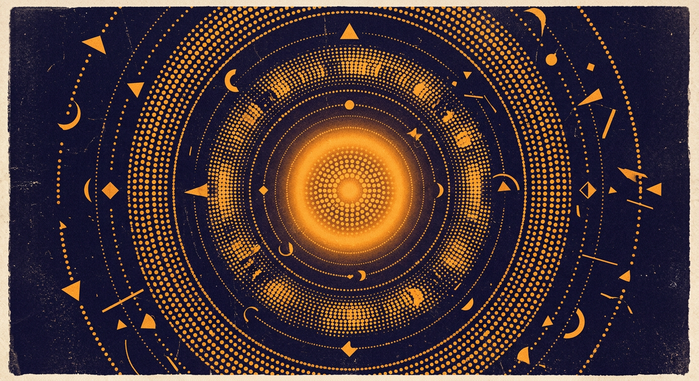 Composição abstrata com padrão halftone representando órbitas de Saturno e Plutão em mapa natal