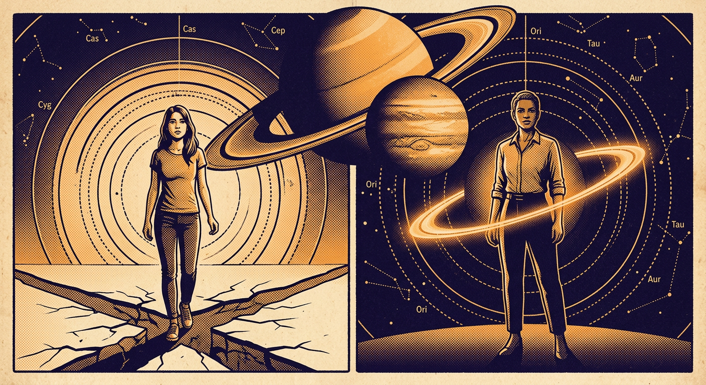 Ciclos astrológicos de Saturno e Júpiter representando passagens da vida