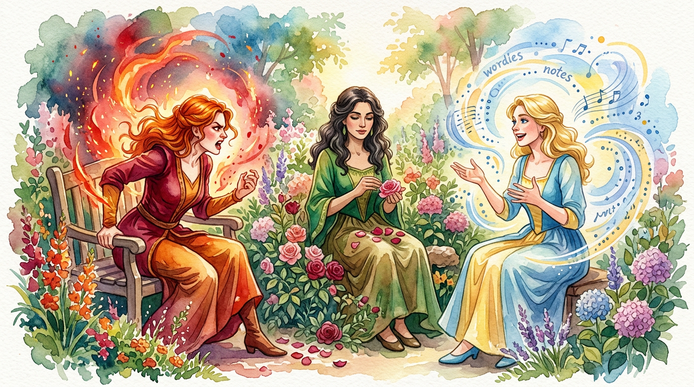 Três mulheres expressando estilos de amor de Vênus em Áries, Touro e Gêmeos