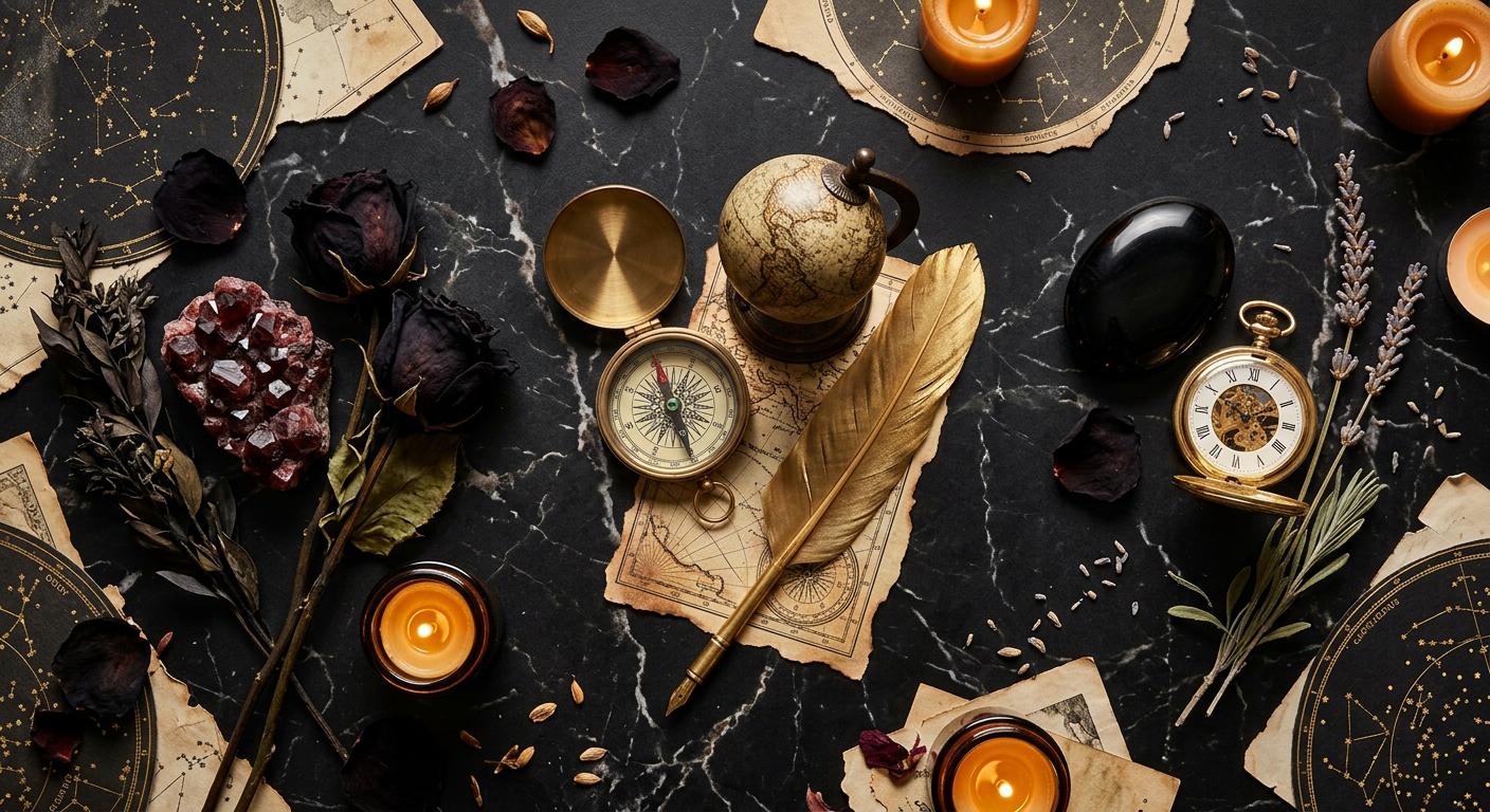 Flat-lay com cristais, bússola e relógio representando Vênus em Escorpião, Sagitário e Capricórnio